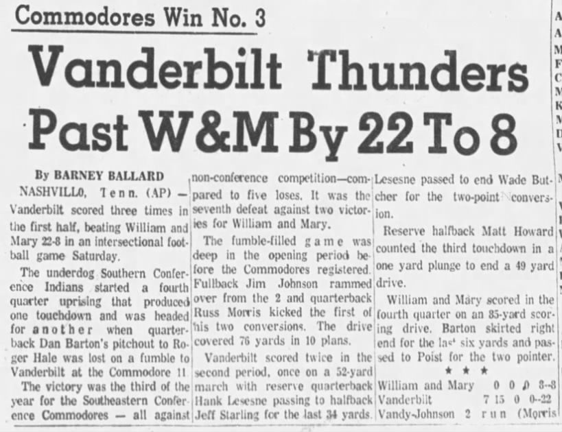 Vanderbilt thunders past W&M by 22 to 8