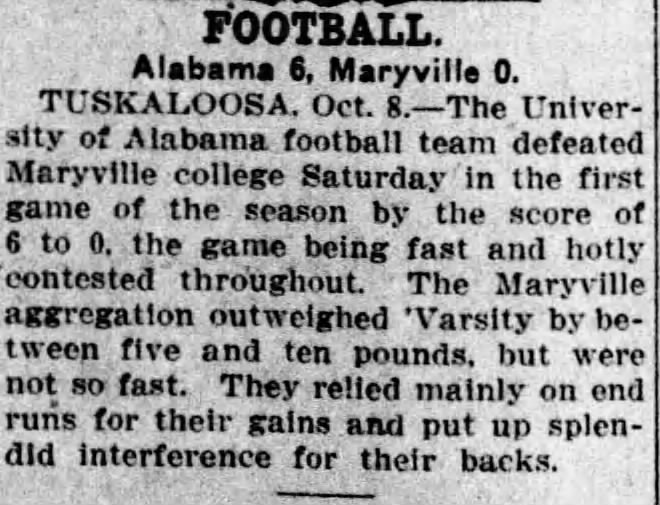 "Football: Alabama 6, Maryville 0" The Birmingham News, 10/8/1906