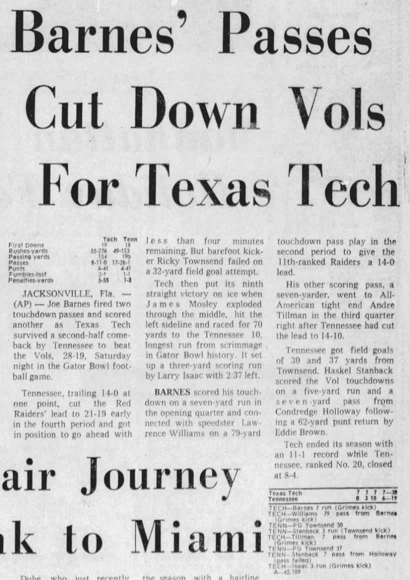 Barnes' passes cut down Vols for Texas Tech