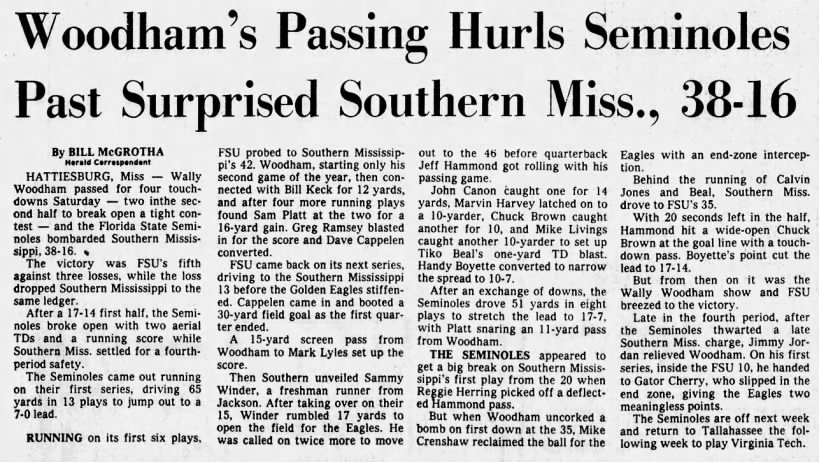 Woodham's passing hurls Seminoles past surprised Southern Miss., 38–16