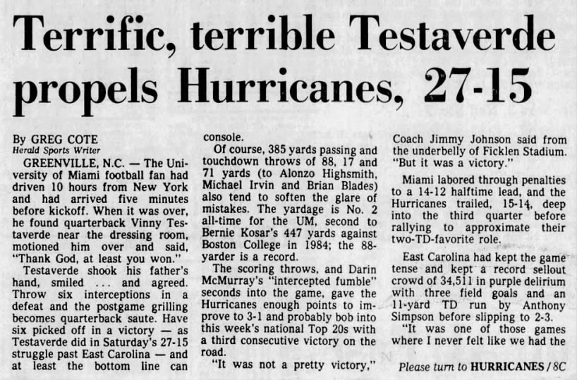 Terrific, terrible Testaverde propels Hurricanes, 27–15