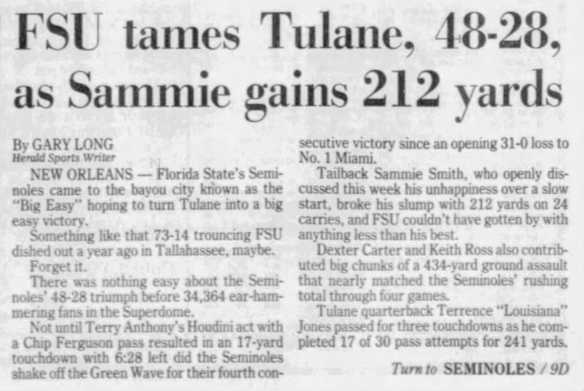 FSU tames Tulane, 48–28, as Sammie gains 212 yards