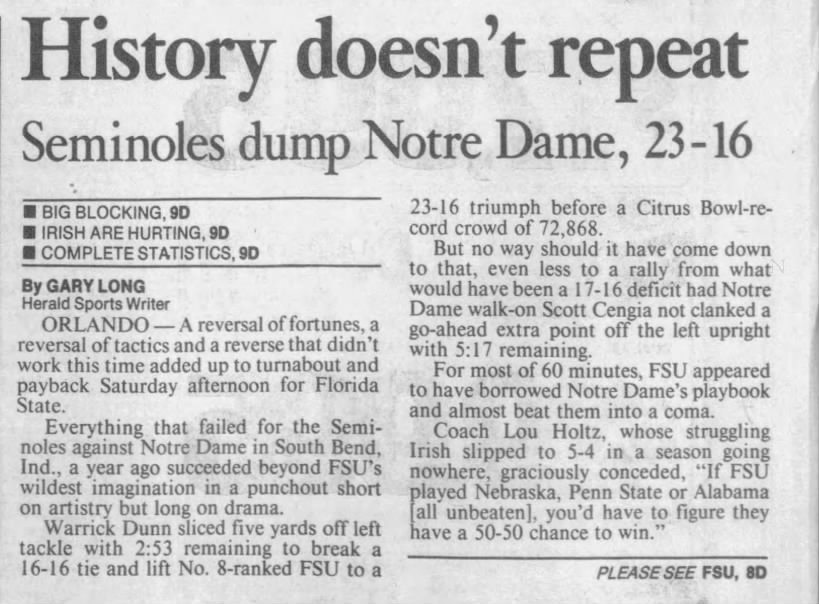 History doesn't repeat; Seminoles dump Notre Dame, 23–16