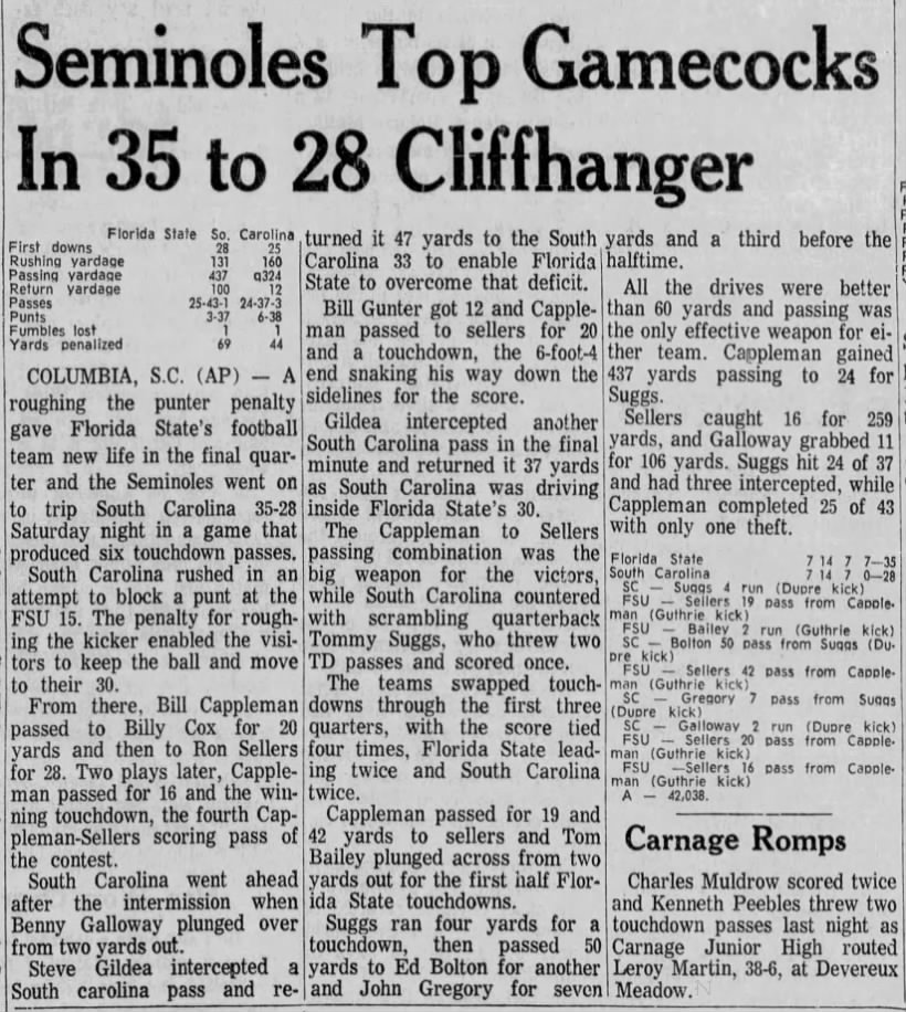 Seminoles top Gamecocks in 35 to 28 cliffhanger