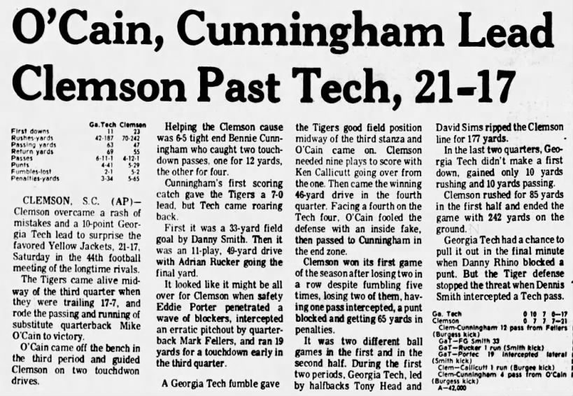 O'Cain, Cunningham lead Clemson past Tech, 21–17