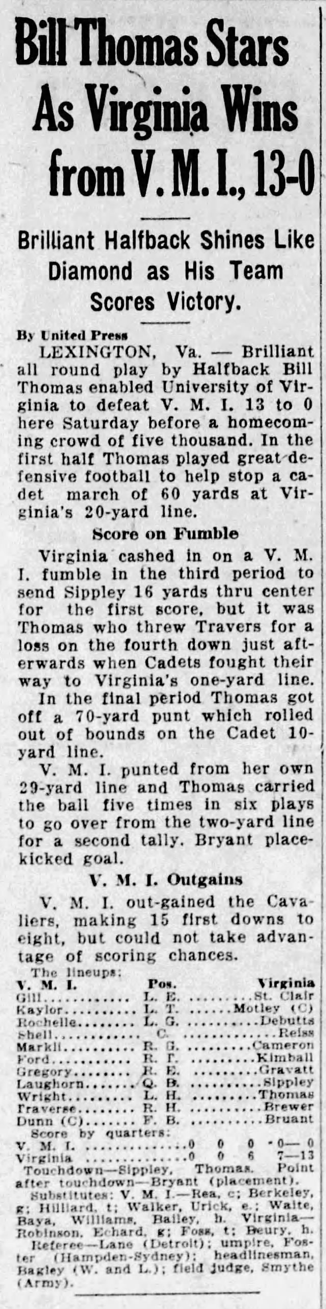Bill Thomas stars as Virginia wins from V.M.I., 13–0