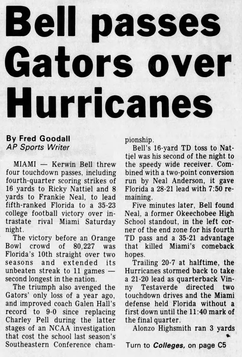 Bell passes Gators over Hurricanes