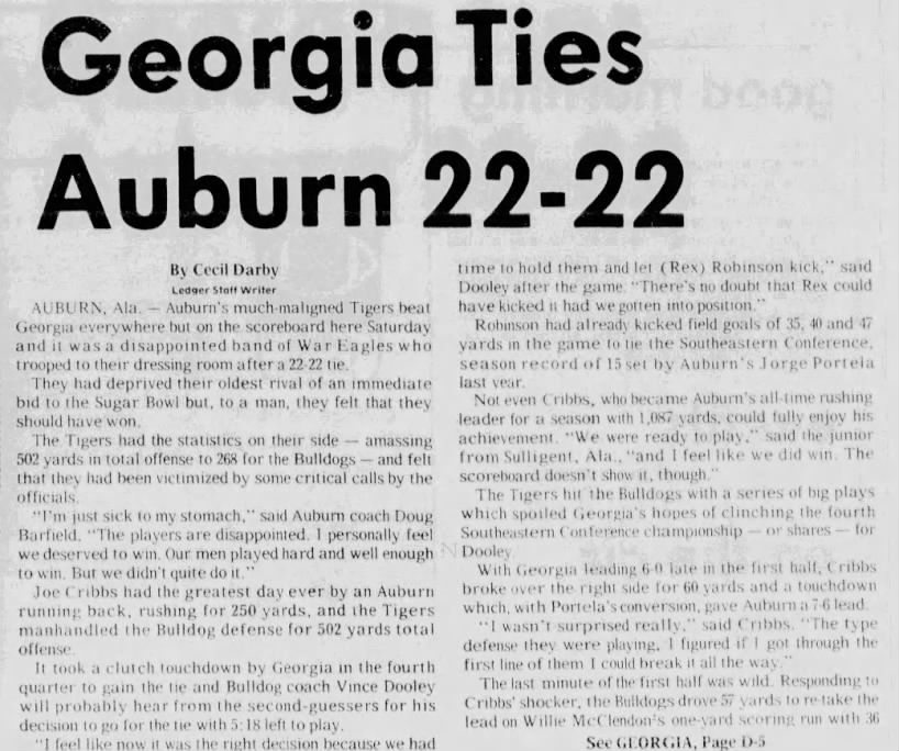 Georgia ties Auburn 22–22