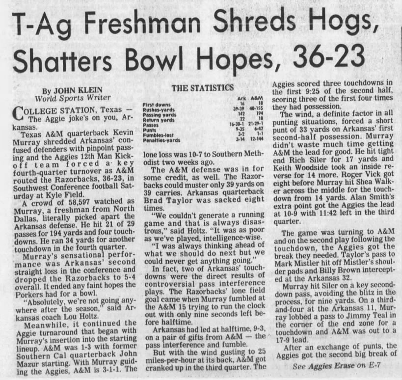 T-Ag freshman shreds Hogs, shatters bowl hopes, 36–23