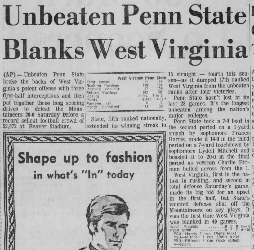 Unbeaten Penn State blanks West Virginia