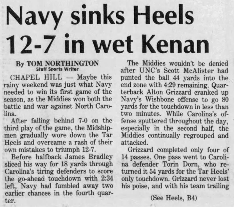Navy sinks Heels 12–7 in wet Kenan