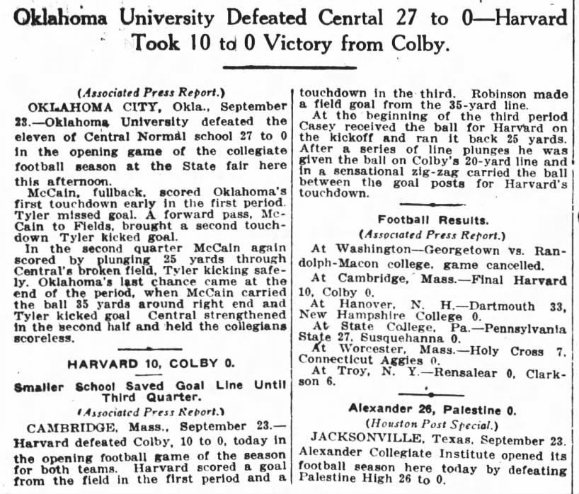 Oklahoma University defeated Central 27 to 0