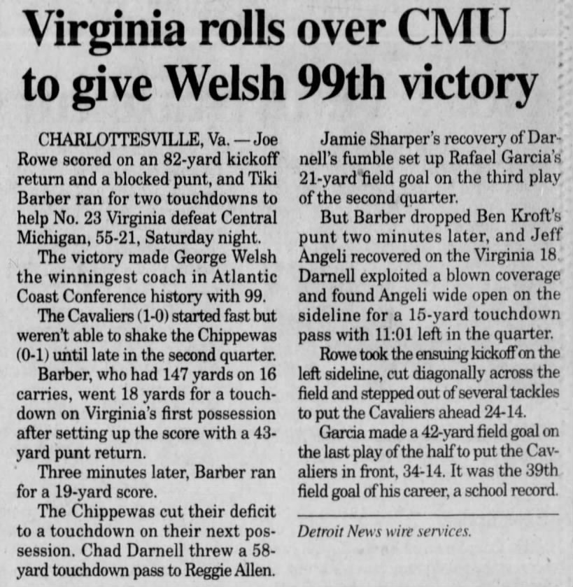 Virginia rolls over CMU to give Welsh 99th victory