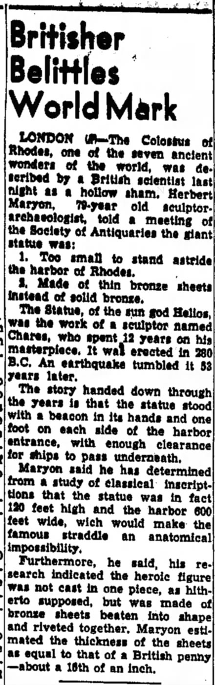 Herbert Maryon on the Colossus of Rhodes, The Indiana Gazette, 5 December 1953