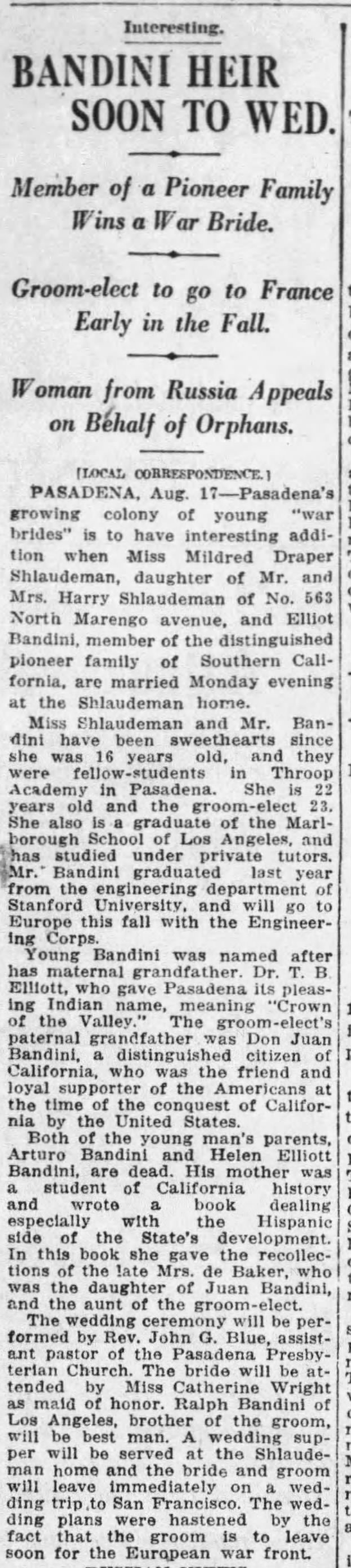 Bandini Heir Soon to Wed: Member of a Pioneer Family Wins a War Bride