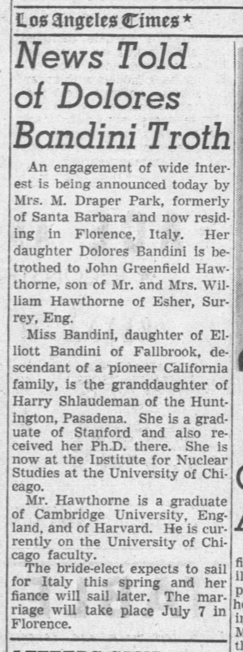 News Told of Dolores Bandini Troth