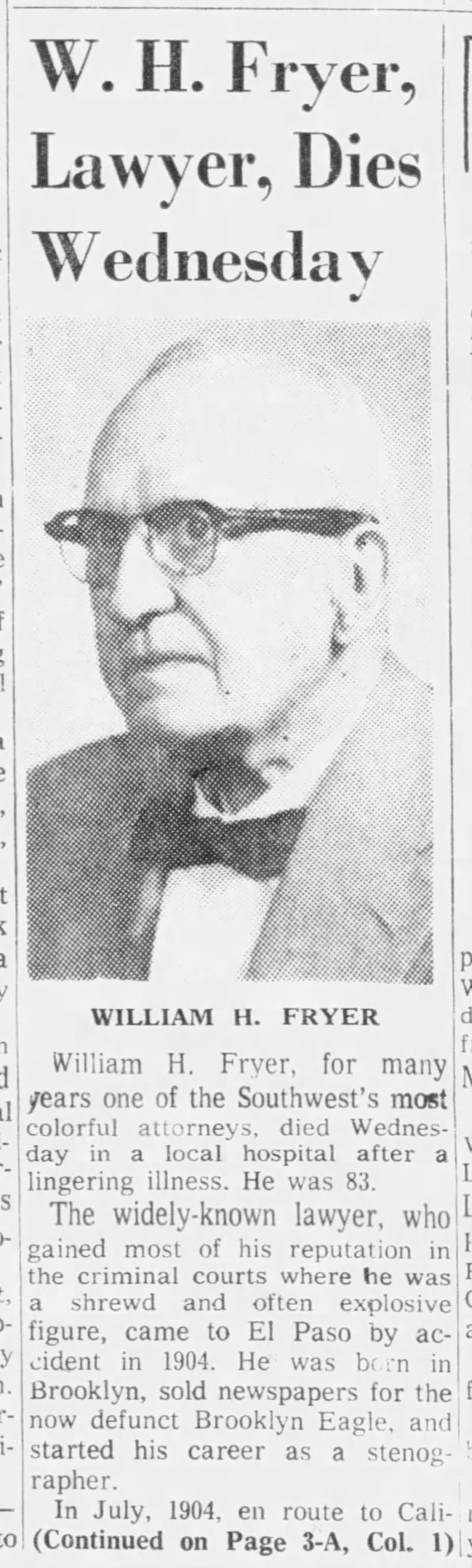 W. H. Fryer, Lawyer, Dies Wednesday, pt. 1