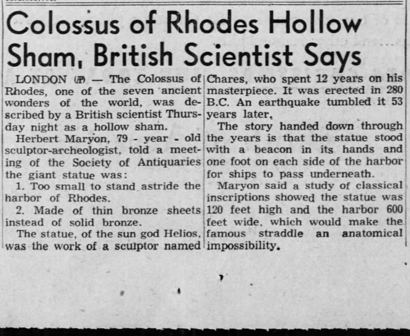 Herbert Maryon on the Colossus of Rhodes, The San Bernardino County Sun, 5 December 1953