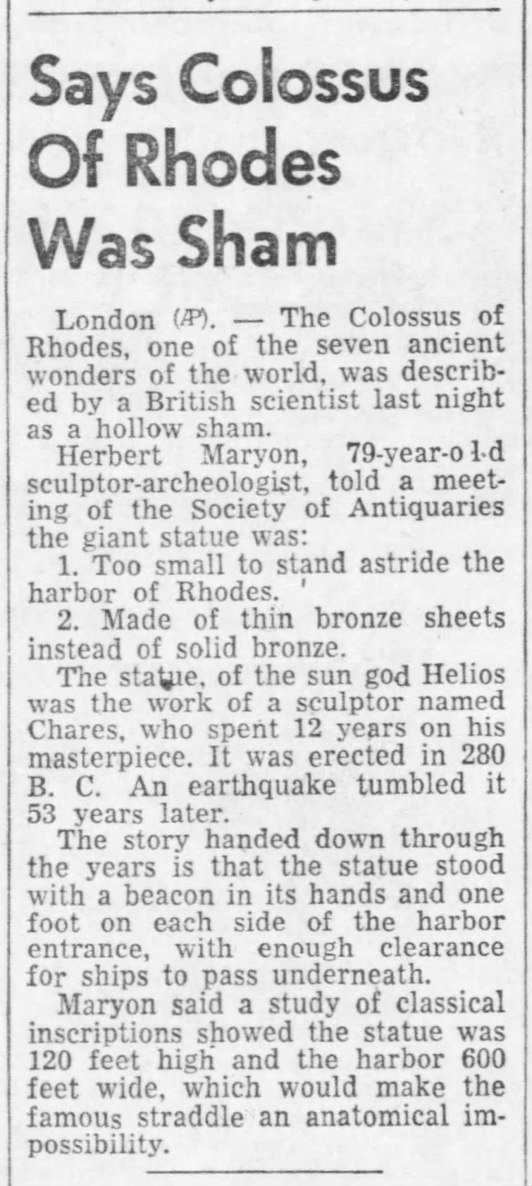 Herbert Maryon on the Colossus of Rhodes, Santa Cruz Sentinel, 6 December 1953
