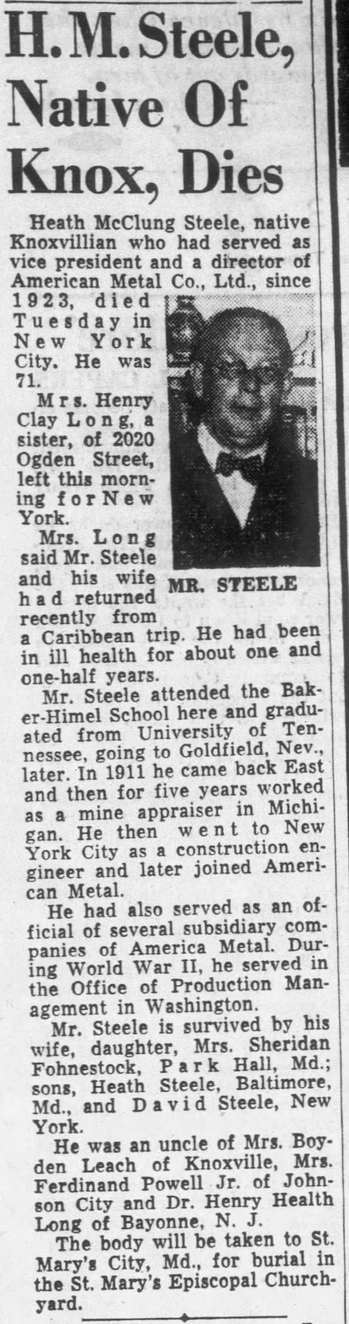 H. M. Steele, Native Of Knox, Dies