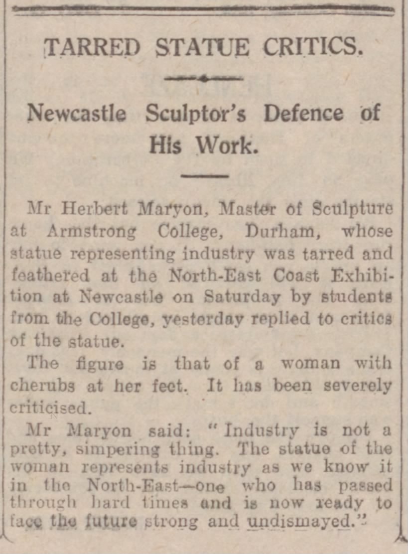 Tarred Statute Critics: Newcastle Sculptor's Defence of His Work