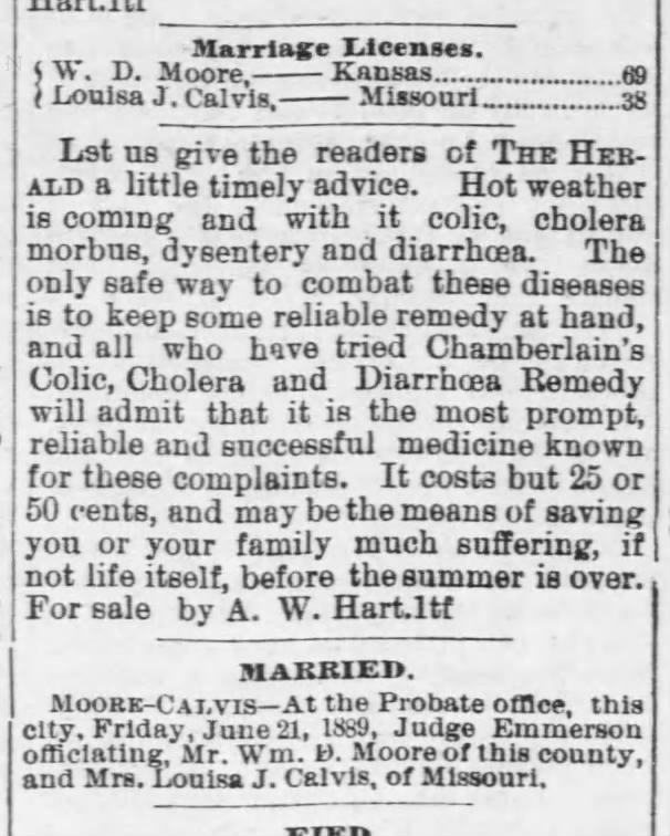 The Eureka Herald/Greenwood Co Republican: Jun 28, 1889 W.D. Moore Marriage
