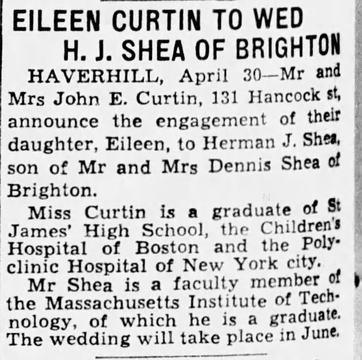 Eileen Curtin to Wed H. J. Shea of Brighton