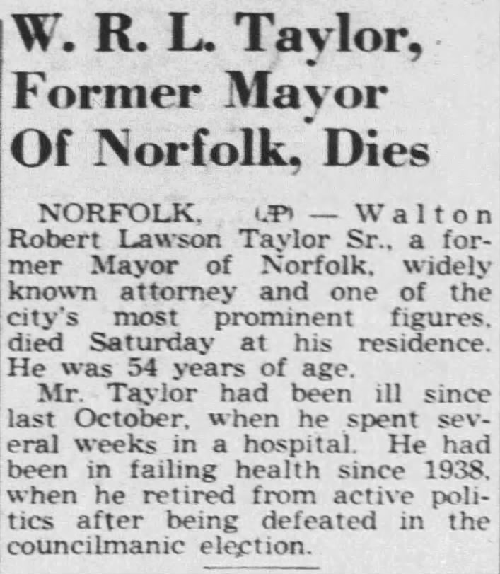 W. R. L. Taylor, Former Mayor Of Norfolk, Dies