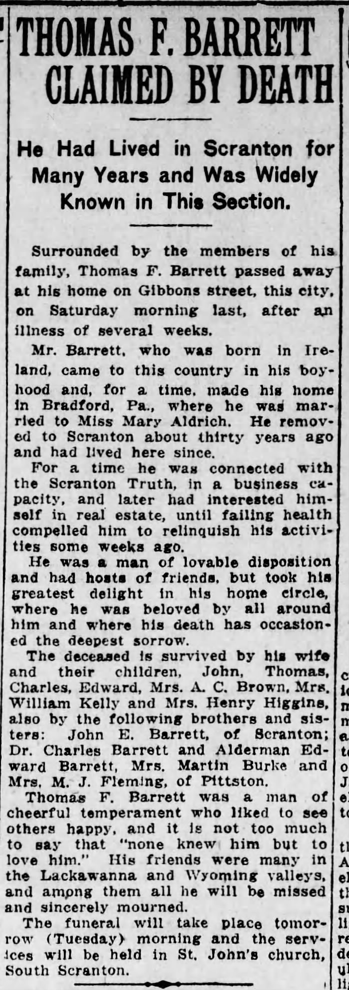 The Scranton Republican 10 April 1916 Thomas F. Barrett obituary
