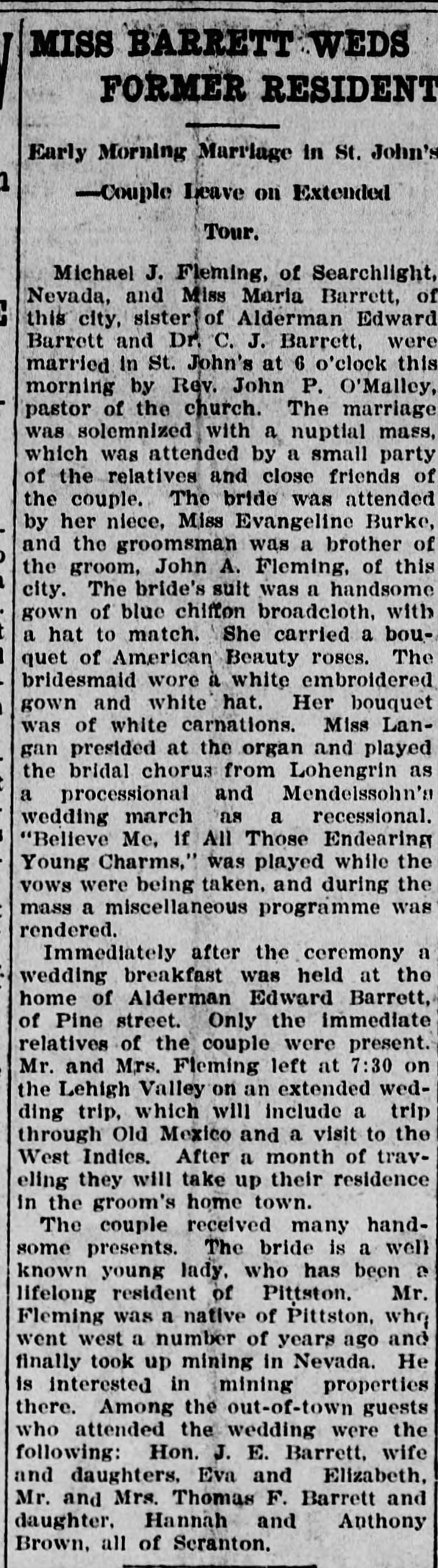 Maria Barrett wedding to Michael Fleming; Pittston Gazette; 3 October 1906