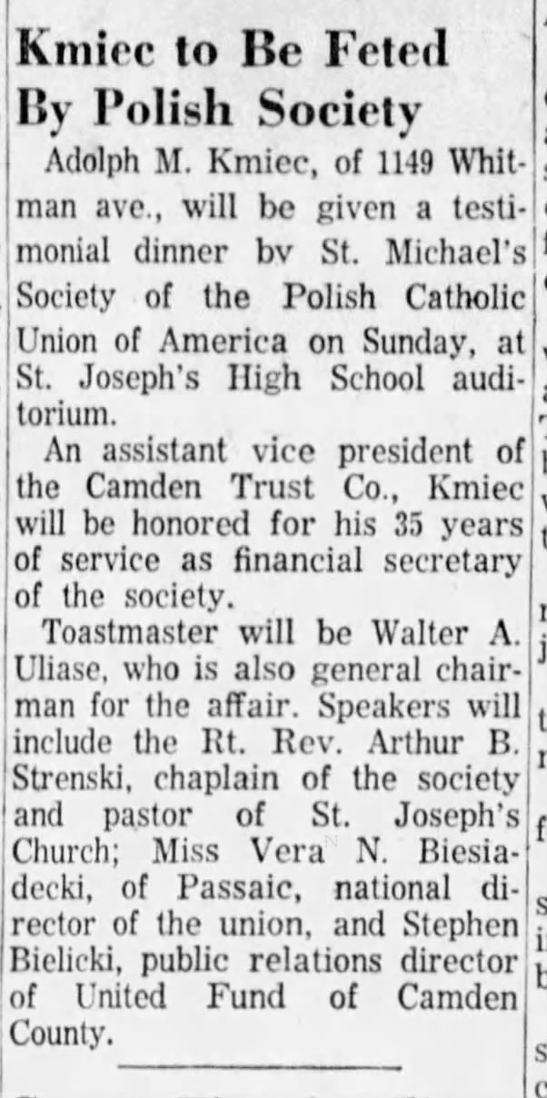 Adolph Kmiec feted 3 Feb 1960