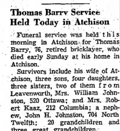 Thomas Barry Obituary-Leavenworth Times, Leavenworth, KS  Nov 18, 1952