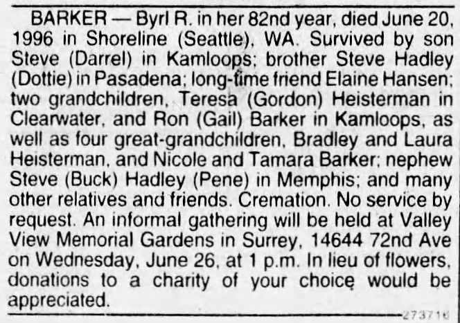 Byrl BARKER Obituary