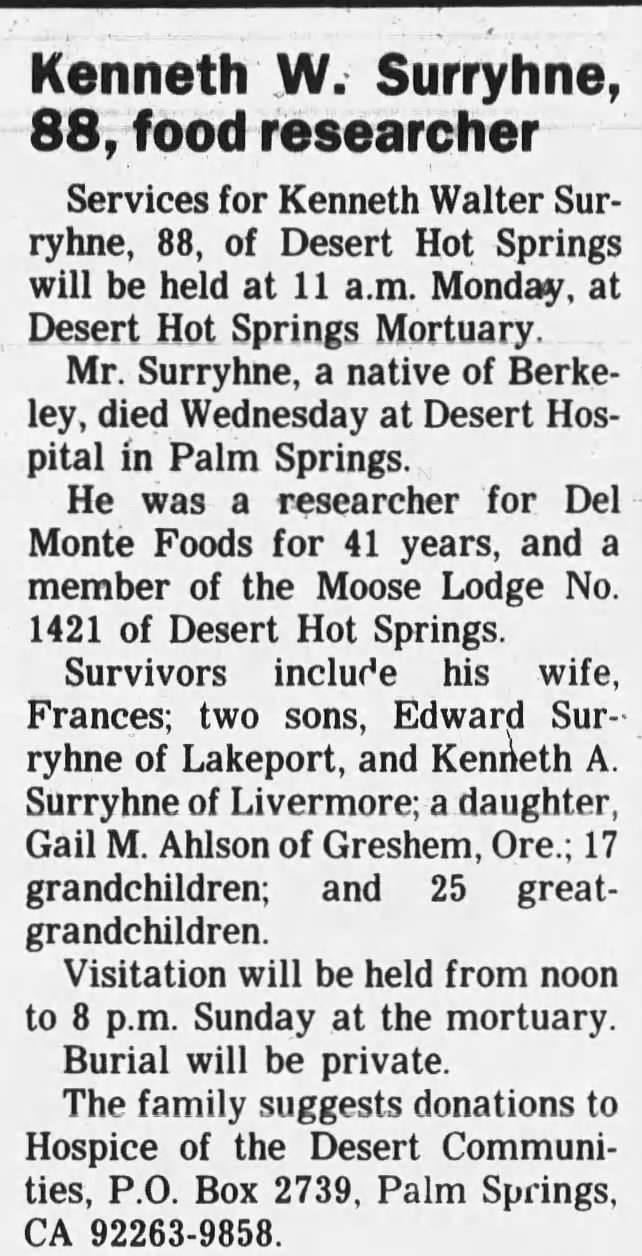 Obituary for Kenneth Walter Surryhne (Aged 88)