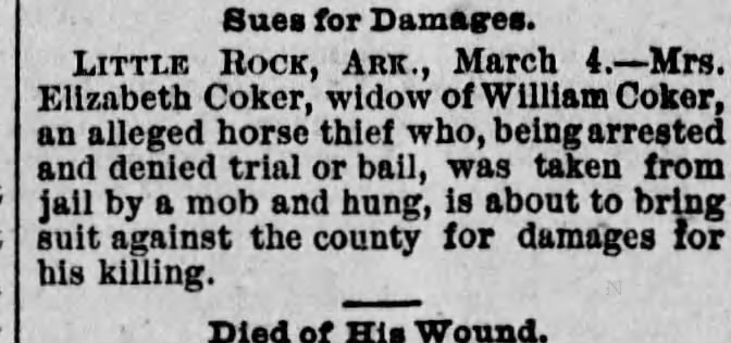 Elizabeth Coker, widow of Wm, 6 Mar 1884, horse thief