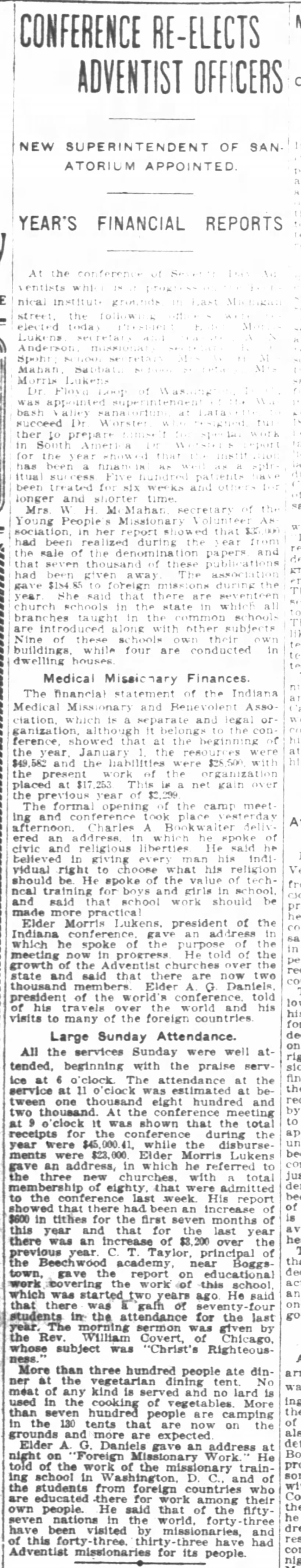 "Conference Re-elects Adventist Officers", Indianapolis News, 1910