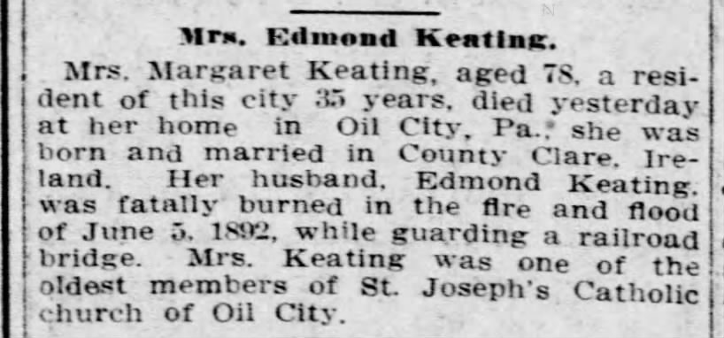 Margaret Blake Keating Sept 1912 died.
wife of Edmond Keating. Oil CIty.