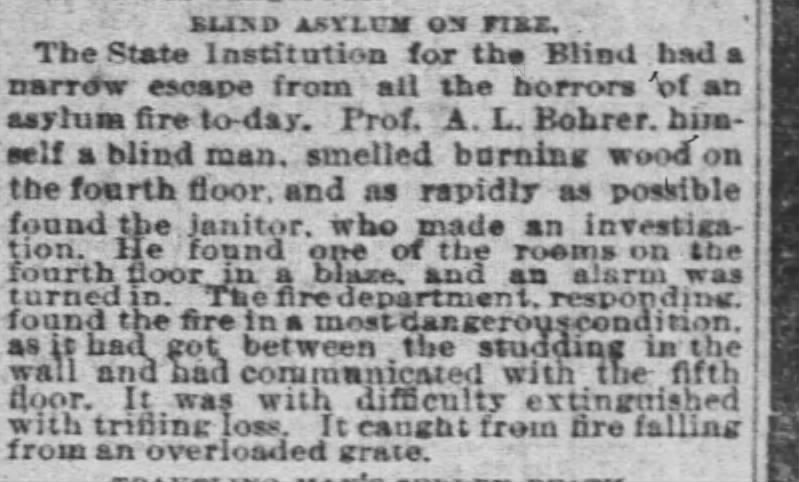 Albert L. Bohrer blind in fire 
25 Jan 1889
