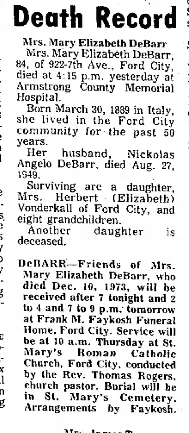 Mother of Mrs. Eliz. Herbert Vonderkall, Ford City
11 Dec 1973