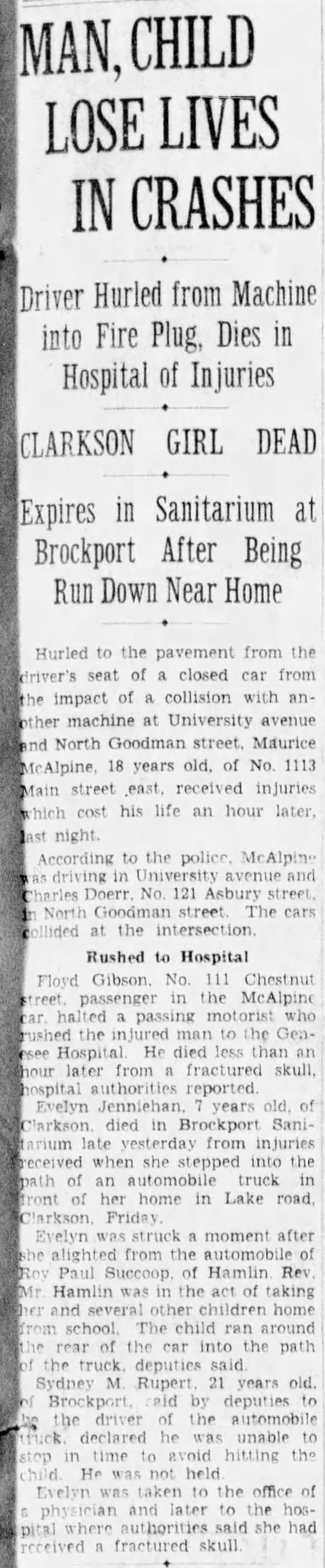 MCALPINE, Maurice Loses Life in Crash 1928