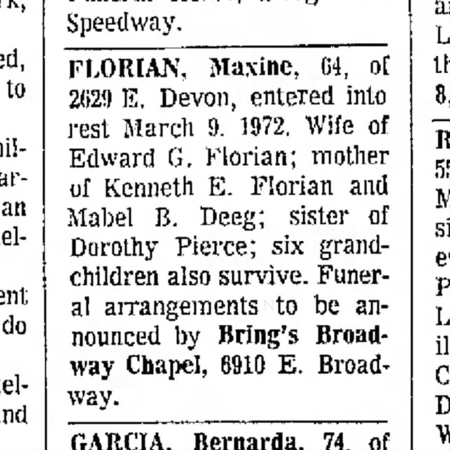 Maxine Florian Funal notice - Tucson Daily Citizen March 10, 1972