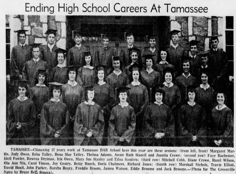 Dora Faye Rochester 
High School Graduation - 
Tamassee DAR
The Greenville News 
17 MAY 1960
