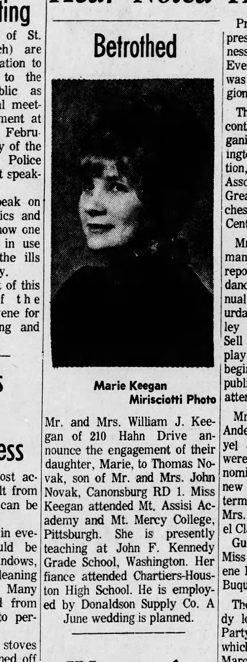 Marie Keegan Feb 6, 1969 The Daily Notes Canonsburg