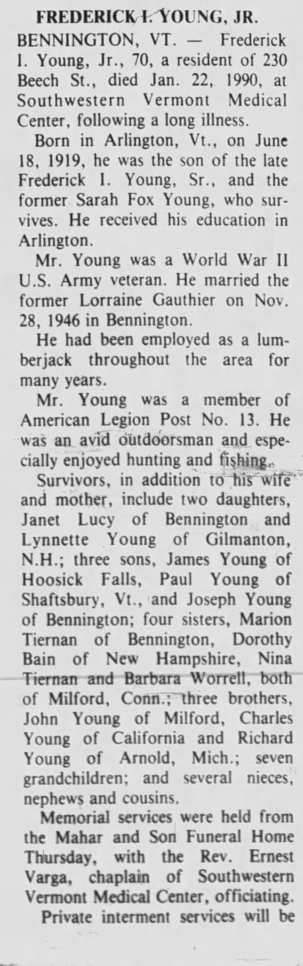 Obituary for FREDERICK l. Young Jr.
