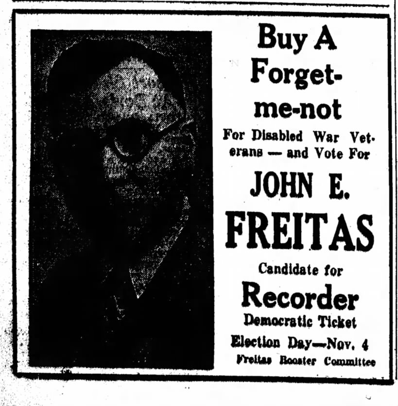 John E Freitas runs for Recorder 1930, Sandusky