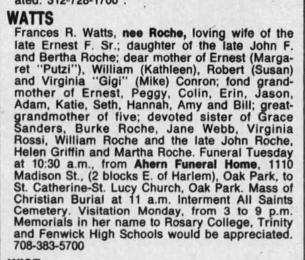 Frances Roche Watts obituary