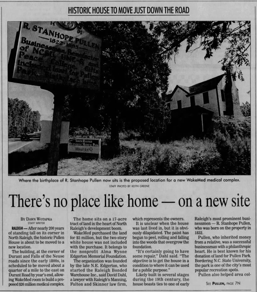 Pullen House to move - News and Observer, October 15, 1999, 77