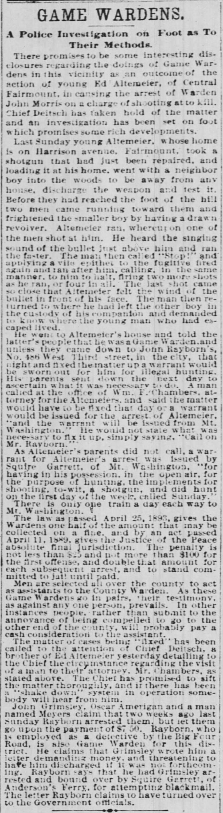 Ed Altemeier Arrest Cincinnati Enquirer 10 Nov 1894