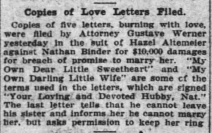 Hazel Altemeier vs. Nathan Binder Cincinnati Enquirer 4 Nov 1911