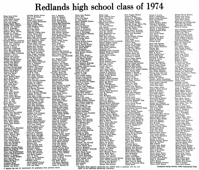Redlands Daily Facts (Redlands California)  Thursday, 13 June 1974. Commencement RHS Class 1974